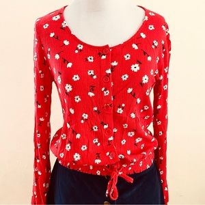 No Boundaries Juniors' Floral Red Long Sleeve Scoop Neck Blouse Medium 7-9